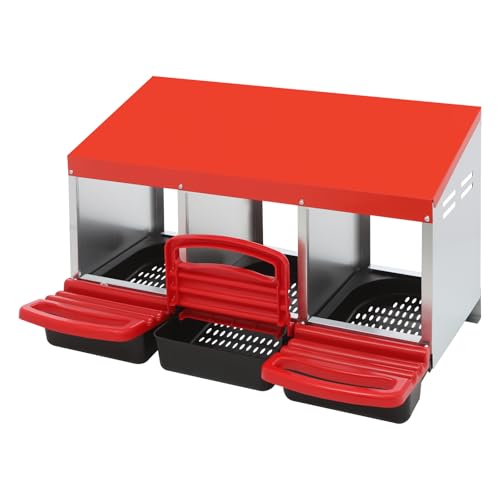Legenkasten 3 Abteile Legenest 81x52x48cm mit Auffangschale, Metall Hühner Nestkasten mit Lüftungslöcher für Wandmontage (Rot) von DCSYOG