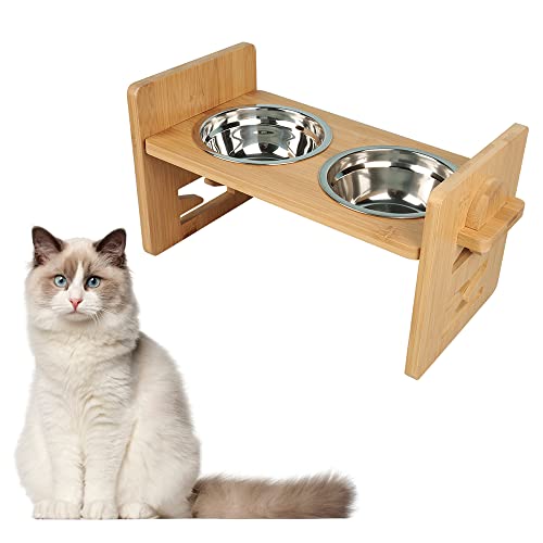 Erhöhter Futternapf für Katzen, Hunde, erhöhter Futternapf aus Bambus mit 2 Schalen aus Edelstahl, erhöhter Futternapf für Hunde, Katzen, kleine Hunde, 3 höhenverstellbar (40 x 18 x 19,5 cm,natürlich) von DDMINE