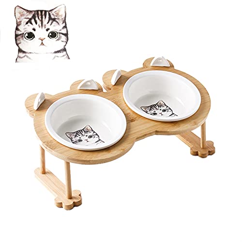 Keramik Welpe Katze Hund Hundeschüssel Einzelne und doppelte Lebensmittelschüssel zum Essen und Trinken mit Holzrahmen Haustiere liefert Durable (Color : Gray cat 2 Bowl Set) von DDSP