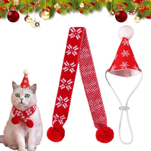 Niedlich Haustier Weihnachtskostüme Set, Weiches Haustier Weihnachtsmütze & Schal, Haustier Weihnachtsmütze Set Einfach zu Tragen, Haustier Weihnachtsschal für Kleine Katzen und Hunde(Schneeflocke) von DEARBAG
