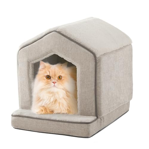 DEBANG HOME Orthopädische Katzenhäuser für Hauskatzen, kleine Hunde, superweiche Katzenbetthöhle, Höhle, Würfel, Katzenversteck für Kätzchen, kleine, mittelgroße und große Haustiere (Beige, 45,7 x von DEBANG HOME