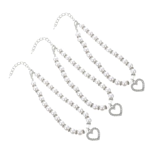 DECOMELODY 3 Stück Teiliges Verstellbares Haustierhalsband mit Strass-herzanhänger und Weißen Kunstperlen Modische Hundekette für Kleine Hunde und Katzen Geeignet für Geburtstags von DECOMELODY