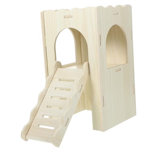 DECOMELODY Hamster Versteck Haus aus Holz mit Rampe Mehrzimmer Nager Unterschlupf Natürliches Holzspielzeug für Hamster und Meerschweinchen Sicherer Rückzugsort für Kleinen Käfig von DECOMELODY