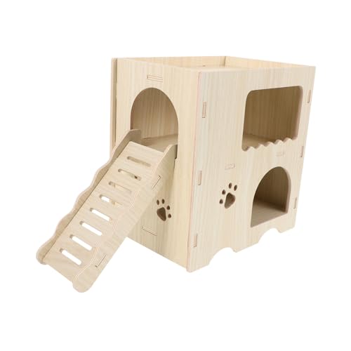 DECOMELODY Hamsterhütte Aus Massivholz Minikäfig Für Meerschweinchen Zwerg Bausatz Kammer Futterspender Leiter Hamsterkäfig Groß Streifenhörnchen Hund Beige von DECOMELODY
