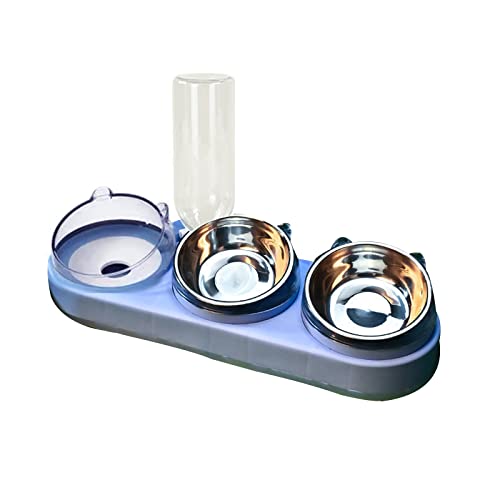 DEDEMCO Dreifacher Futternapf für Futter und Wasser, um 15° geneigte Wasser- und Futternapf-Set mit automatischer Wasserflasche, Nass- und Trockenfutter-Set für Katzen und Hunde, Blau von DEDEMCO