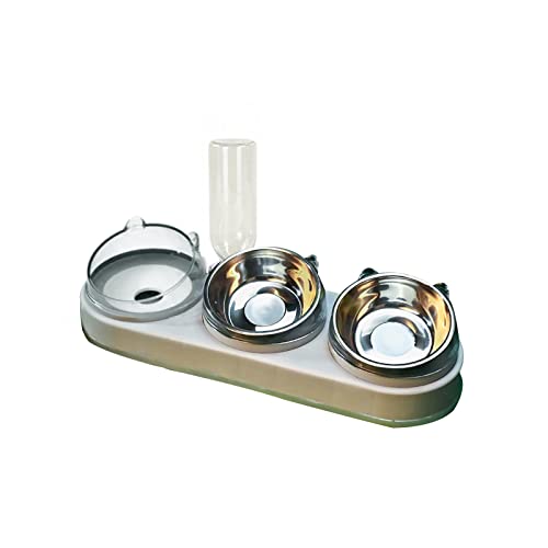 DEDEMCO Dreifacher Futternapf für Futter und Wasser, um 15° geneigte Wasser- und Futternapf-Set mit automatischer Wasserflasche, Nass- und Trockenfutter-Set für Katzen und Hunde, Grau von DEDEMCO