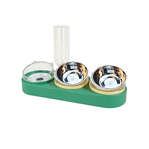 DEDEMCO Dreifacher Futternapf für Futter und Wasser, um 15° geneigte Wasser- und Futternapf-Set mit automatischer Wasserflasche, Nass- und Trockenfutter-Set für Katzen und Hunde, Grün von DEDEMCO