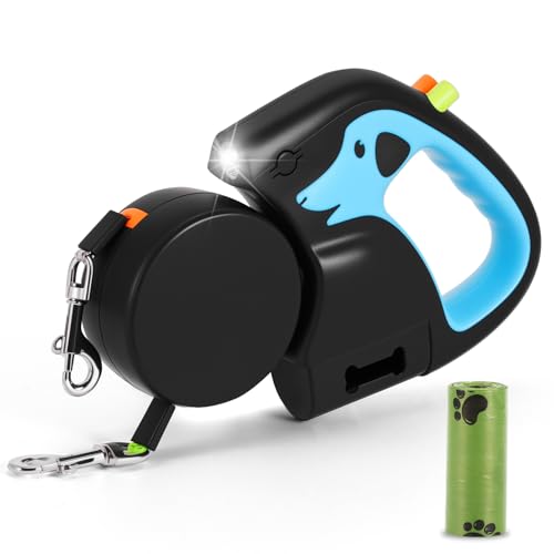 Hundeleine, rutschfest, 3 m, einziehbare Hundeleine, doppelt einziehbare Hundeleine, mit wiederaufladbarer Taschenlampe und mit Kotbeutel, bis zu 20 kg, 360° Anti-Verheddern, Nylon, für 2 Hunde zum von DEECOZY