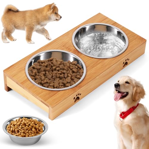 Hundenapf Ständer, Bambus Hunde Futterstation mit 2 Edelstahlnäpfen, Katzennäpfe mit Ständer für kleine bis mittelgroße Hunde und Katzen Hundenapf Ständer, Bambus Hunde Futterstation mit 2 Edelstahlnäpfen, Katzennäpfe mit Ständer für kleine bis mittelgroße Hunde und Katzen von DEECOZY