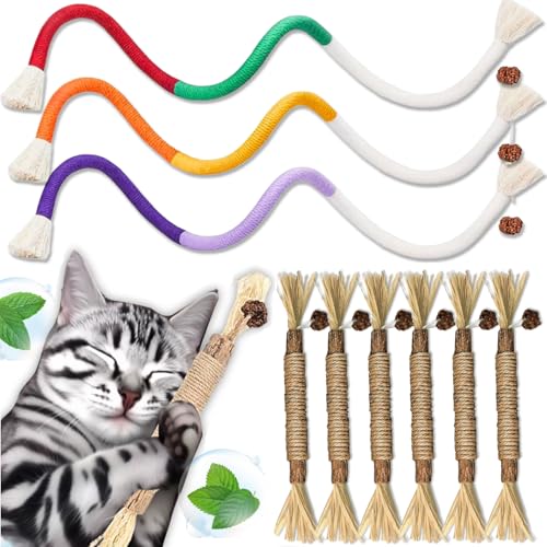 DEEMEIS Katzenminze Sticks, 6 Stück Katzenminze Sticks, 3 Stück Katzen Spielzeug Beißseil 70 cm Katzenspielzeug Beißseil, Spielzeug für Katzen, Kausticks Interaktives Katzenspielzeug, Dental Kau von DEEMEIS