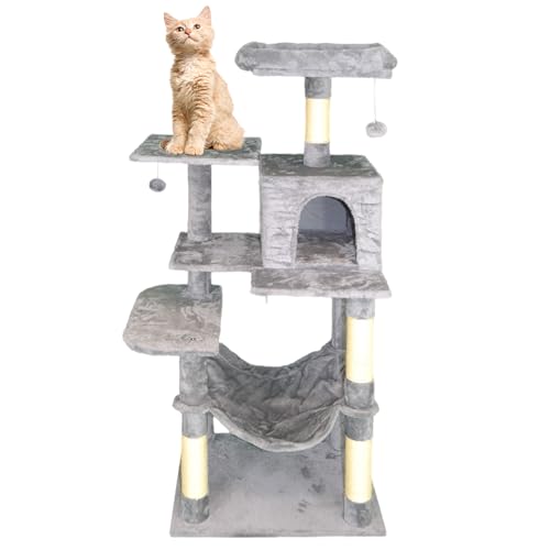 DEFACTO Katzenbaum, 143 cm hoch Katzenhöhle, Katzen Kletterbaum mit 4 Kratzsäulen, 2 Plattformen Kratzbaum, Katzenspielzeug, Katzenmöbel mit stabil Säulen, Hängematten (GRAU) von DEFACTO