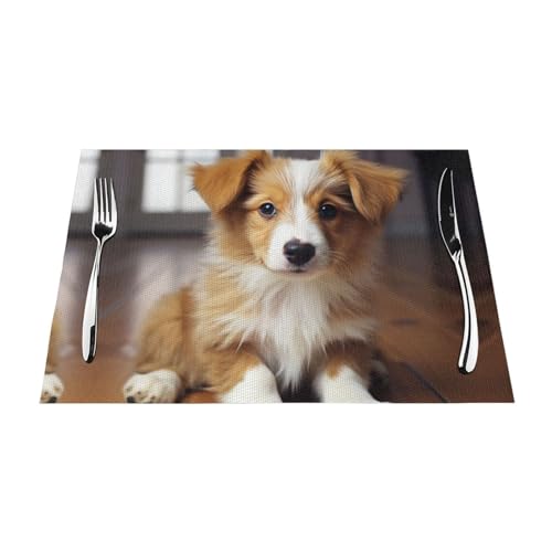 Niedliche Platzsets mit Hundewelpen, hitzebeständig, rutschfest, für Esstisch, waschbar, langlebig, PVC-Vinyl, gewebt, 1 Stück von DEHIWI