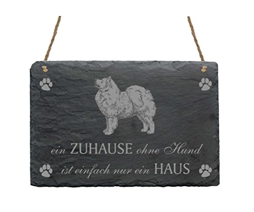 Schiefertafel Samojede « EIN ZUHAUSE OHNE HUND IST EINFACH NUR EIN HAUS » Schild mit Hunde Motiv - Türschild Wanddeko Dekoration - Samojedenhund von DEKOLANDO