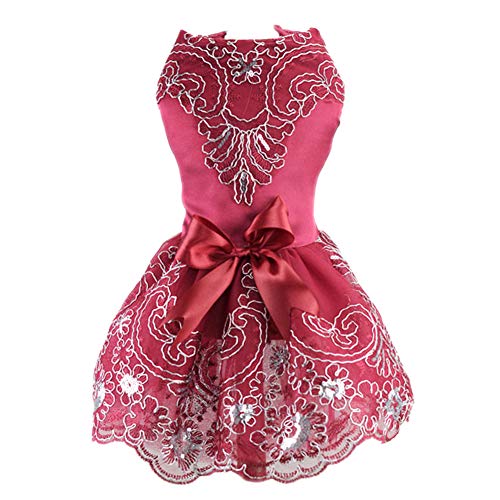 DELIFUR Hund Spitze Brautkleid Tutu Rock Welpen Katze Blumen Prinzessin Kleid Haustier Geburtstagsparty Kostüm für Frühling Sommer (Rot, M) von DELIFUR