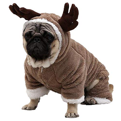 DELIFUR Weihnachts-Rentier-Kostüm für Hunde, warm, mit Kapuze, aus weichem Coral-Fleece, für kleine Hunde und Katzen, XS von DELIFUR