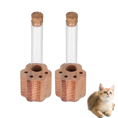 DELORIGIN 2 Set Katzenschnurrhaarhalter Mini Schnurrhaarglas Aus Glas Mit Pfotenförmigem Holzsockel Durchsichtige Schnurrhaarvase Für Tierhaare Gedenkglas Für Katzen Und Hunden 10cm von DELORIGIN