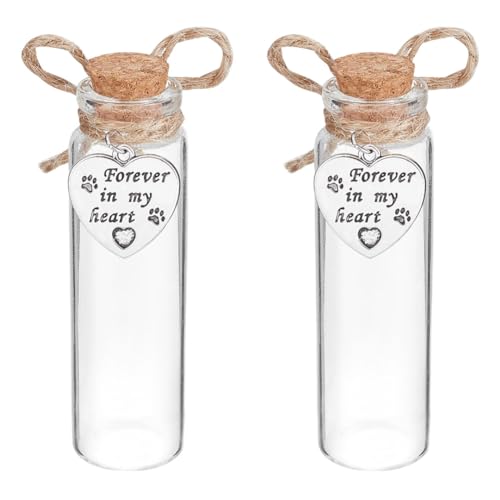 DELORIGIN 2 Stück Tierhaare Glas Gedenkflasche Glasröhre Wunschflasche mit Herzanhänger und Korkstopfen Hund Katze Andenken Gedenkurne Haustier Gedenkgeschenk Beileidsglas Phiole für Haustierasche von DELORIGIN