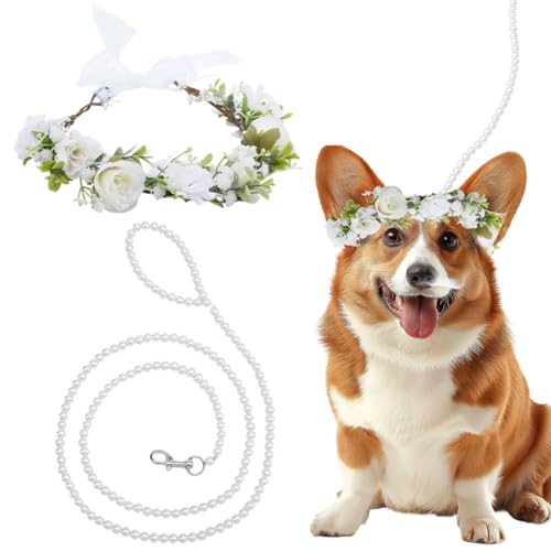 DELORIGIN 2-teiliges Hochzeits-Blumenhalsband mit Perlen, Perlen-Leine, Hundehalsband für Hochzeit und Leine, elegantes Hunde-Stirnband, Haustier-Foto-Requisite für mittelgroße Hunde, Blumenhalsbänder DELORIGIN 2-teiliges Hochzeits-Blumenhalsband mit Perlen, Perlen-Leine, Hundehalsband für Hochzeit und Leine, elegantes Hunde-Stirnband, Haustier-Foto-Requisite für mittelgroße Hunde, Blumenhalsbänder von DELORIGIN
