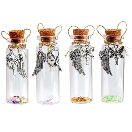 DELORIGIN Gedenkflasche aus Tierhaar-Glas, Glasröhre, Wunschflasche mit geflügelten Engel-Anhängern und Korkverschluss, Hunde-Andenken, Urne, Katze, Gedenkgeschenk, Beileidsglas, Fläschchen für von DELORIGIN