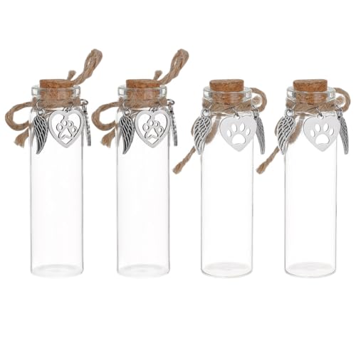 DELORIGIN Mini-Glasfläschchen mit Engelsflügeln und Herzpfoten-Ornamenten für Haustierverlust, Beileidsgeschenk, Haustier-Asche, Haaraufbewahrung, 4 Stück von DELORIGIN