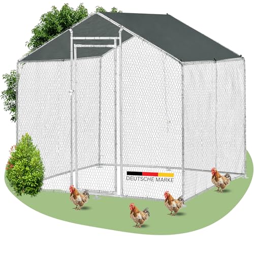 DELUKE® Freilaufgehege Hühner 2x2m KEBO - Verschließbares Riegelsystem, Drahtgeflecht | Hühnerstall Kleintierstall Hühnerhaus Dach Geflügelstall mit Sonnenschutzdach und Tür von DELUKE