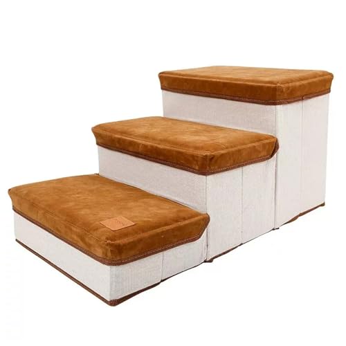 Hundetreppe – Hunderampe, rutschfeste, Klappbare Hundetreppe, Tragbare Haustiertreppe für Große Hunde Und Katzen, 3 Stufen (Color : Brown) von DELURA