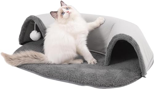Katzentunnelbett, geräumiger Katzenunterschlupf mit weißem Plüschball, waschbare interaktive Katzentunnel, selbstwärmendes Katzenbett, weiche, warme Katzen-Kuckuckshöhle, beruhigendes Katzenbett for K von DELURA