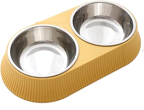 Tragbare Hundewasserflasche, doppelter quadratischer runder Futternapf, Tierfutter- und Wasserspender, aus Edelstahl, Futterspender for Hunde und Katzen (Size : Double Bowl Yellow) von DELURA