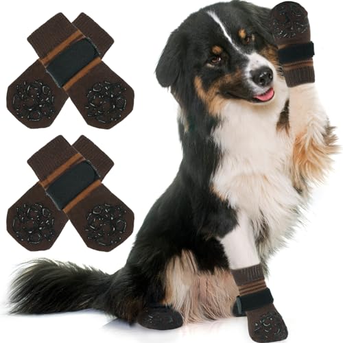 DENTRUN 2 Paar Hunde-Socken, warme Hundesocken, Pfotenschutz mit verstellbarem Riemen, Hartholzböden, Labrador (Braun, XL) von DENTRUN