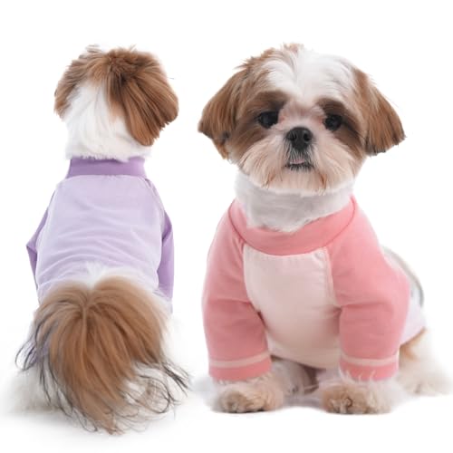 DENTRUN 2 Stück Hunde Shirt, Hund T-Shirt mit Ärmeln, Shirt für kleine Hund, Atmungsaktive und Bequeme Hundebekleidung, Strand, Unterwegs, Shih Tzu (Rosa, Lila S) von DENTRUN