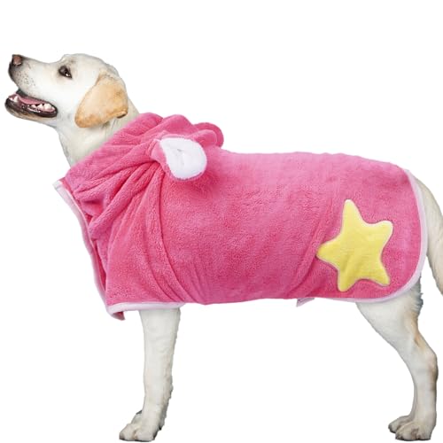DENTRUN Hundbademantel Hunde Bademantel Grosse Hunde mit Hut Weicher und Atmungsaktiver Hundebademantel Labrador Border Collie Sich Waschen (Rosa,L) von DENTRUN