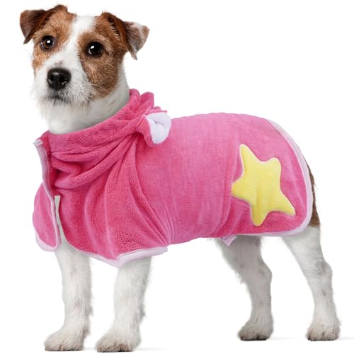 DENTRUN Bademantel für Hunde Verstellbare Kragen-Druckknöpfe Kleine Hunde Bademantel mit Hut hundehandtuch Schnauzer Schwimmen (Rosa,S) von DENTRUN