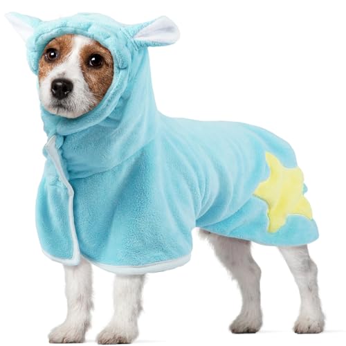 DENTRUN Bademantel für Hunde Verstellbare Kragen-Druckknöpfe Kleine Hunde Bademantel mit Hut Hundehandtuch Schnauzer Schwimmen (Blau,S) von DENTRUN