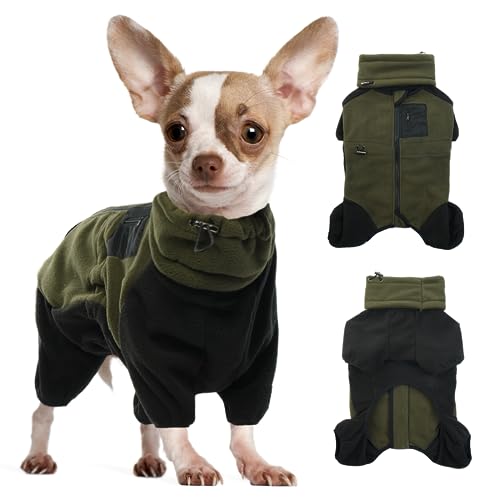 DENTRUN Hundemantel für Kleine Hunde, Wintermantel Klein, Hundejacke Mit Beinen, Warme Weiche Fleece, Mit Snood, Onesie Outfit (Armeegrün, S) von DENTRUN