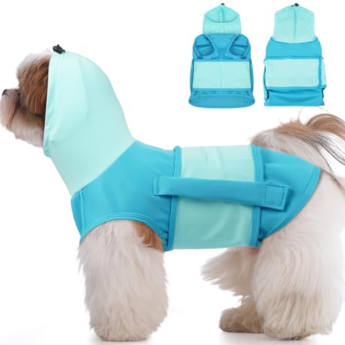 DENTRUN Beruhigungsweste für Hunde, Hundemantel für ängstliche, Hundemantel Mit Beruhigender Kapuze und Ohrenschutz, Gehen Sie Raus, Feuerwerk (Lila Grau, S) von DENTRUN