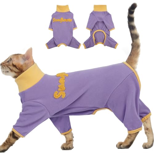DENTRUN Katzenbekleidung, Katzen Pyjamas, Warm Katzenkostüm für Katze, Katzenoverall Fleece Jumper, Katzen Sweatr Bekleidung mit Stickerei (Lila, S) von DENTRUN