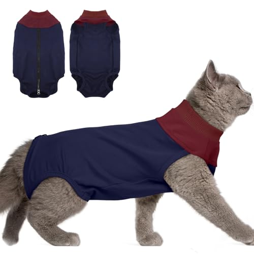 DENTRUN Katzen Body für Katzen Operation Katzenbody Nach Op Kastration Atmungsaktiver Weicher Anti Lecken Bodysuit für Katzen Hautkrankheiten (Marineblau, L) von DENTRUN