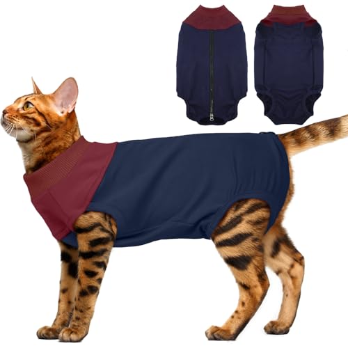 DENTRUN Katzenbody Nach Op Ärmelloser Katze Body Operation Kastration Katzen Body Halskrause Alternativen Katzenbekleidung Anti-leckende Cat Spay Erholungsanzug (Marineblau, S) von DENTRUN