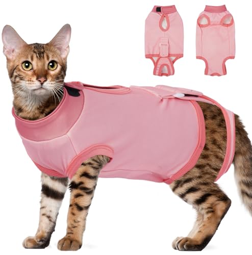 DENTRUN Body Katze nach OP Sanfter Katzenbody zum Leckenschutz nach Operationen OP Body für Kastration, Wunden Hautschutz Leicht einfach anzuziehen (Rosa, L) von DENTRUN