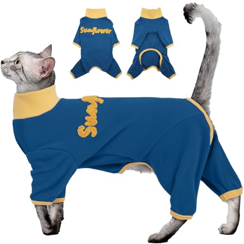 DENTRUN Pullover Katze mit Vier Beinen, Pyjama für Katzen Pullover Warme Overall, Katze Rollkragen Fleece Jumpsuit (Blau, XL) von DENTRUN