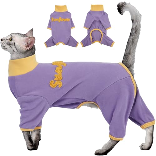 DENTRUN Pullover Katze mit Vier Beinen, Pyjama für Katzen Pullover Warme Overall, Katze Rollkragen Fleece Jumpsuit (Lila, XL) von DENTRUN