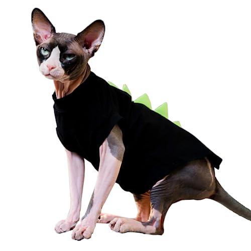 DENTRUN Sphynx Katzenkleidung, Niedliches Dinosaurier-Design Nacktkatzen Kostüm, Atmungsaktive Baumwollhemden Katzenkleidung nur für Katzen, Rundhalsausschnitt Kätzchen T-Shirts mit Ärmeln von DENTRUN