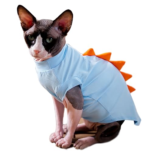 DENTRUN Sphynx Katzenkleidung, Niedliches Dinosaurier-Design Nacktkatzen Kostüm, Atmungsaktive Baumwollhemden Katzenkleidung nur für Katzen, Rundhalsausschnitt Kätzchen T-Shirts mit Ärmeln von DENTRUN