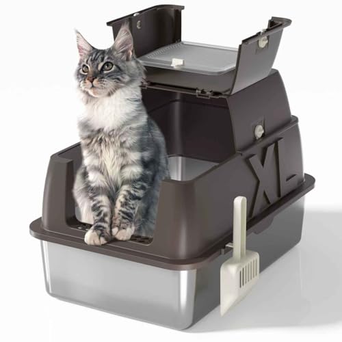 Edelstahl-Katzentoilette, extra große Katzentoilette für große Katzen, XL Metall-Katzenklo mit hohen Seitenwänden, antihaftbeschichtet, auslaufsicher(Coffee, 24" L x 16" W x 18" H) von DER VIERBEINER