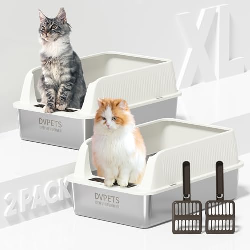 Edelstahl-Katzentoilette, extra große Katzentoilette für große Katzen, XL Metall-Katzenklo mit hohen Seitenwänden, antihaftbeschichtet (2PK-Ivory White, 24" L x 16" W x 11" H) von DER VIERBEINER