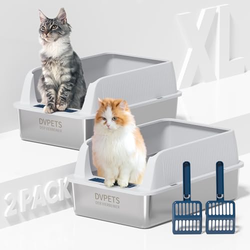 Edelstahl-Katzentoilette, extra große Katzentoilette für große Katzen, XL Metall-Katzenklo mit hohen Seitenwänden, antihaftbeschichtet (2PK-Light Grey, 24" L x 16" W x 11" H) von DER VIERBEINER