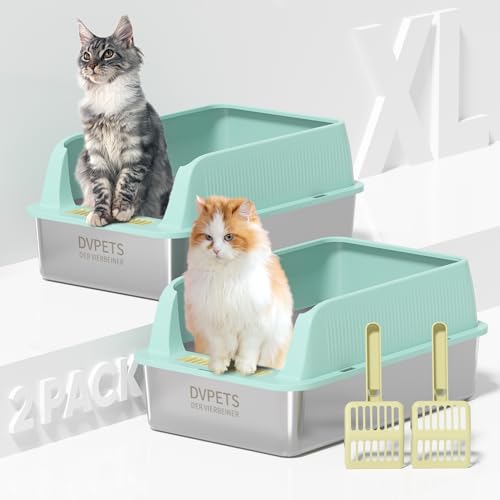 Edelstahl-Katzentoilette, extra große Katzentoilette für große Katzen, XL Metall-Katzenklo mit hohen Seitenwänden, antihaftbeschichtet (2PK-Macaron Green, 24" L x 16" W x 11" H) von DER VIERBEINER