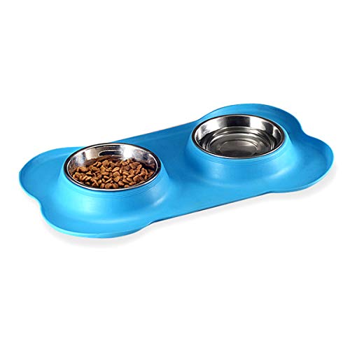DERCLIVE Pet Dual Bowl Fütterungsstation Edelstahl Futter Wasserschalen mit Rutschfester Silikonmatte für Katzen Hunde Schwarz/Blau/Rot von DERCLIVE