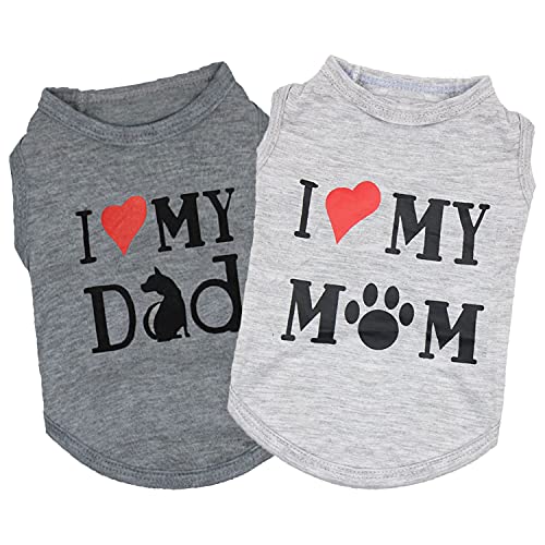 DERUILA Hunde-Shirt, Sommerkleidung, Aufschrift "I Love My Mom/I Love My Dad", Grau, T-Shirt für kleine Jungen und Mädchen, 2 Stück (L) von DERUILA