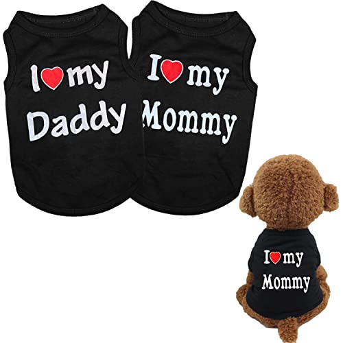 DERUILA Hunde-Shirts für kleine Hunde, Jungen, Mädchen, "I Love My Mommy/Daddy", schwarzes Welpen-T-Shirt für kleine, mittelgroße Hunde und Katzen, 2er-Set von DERUILA